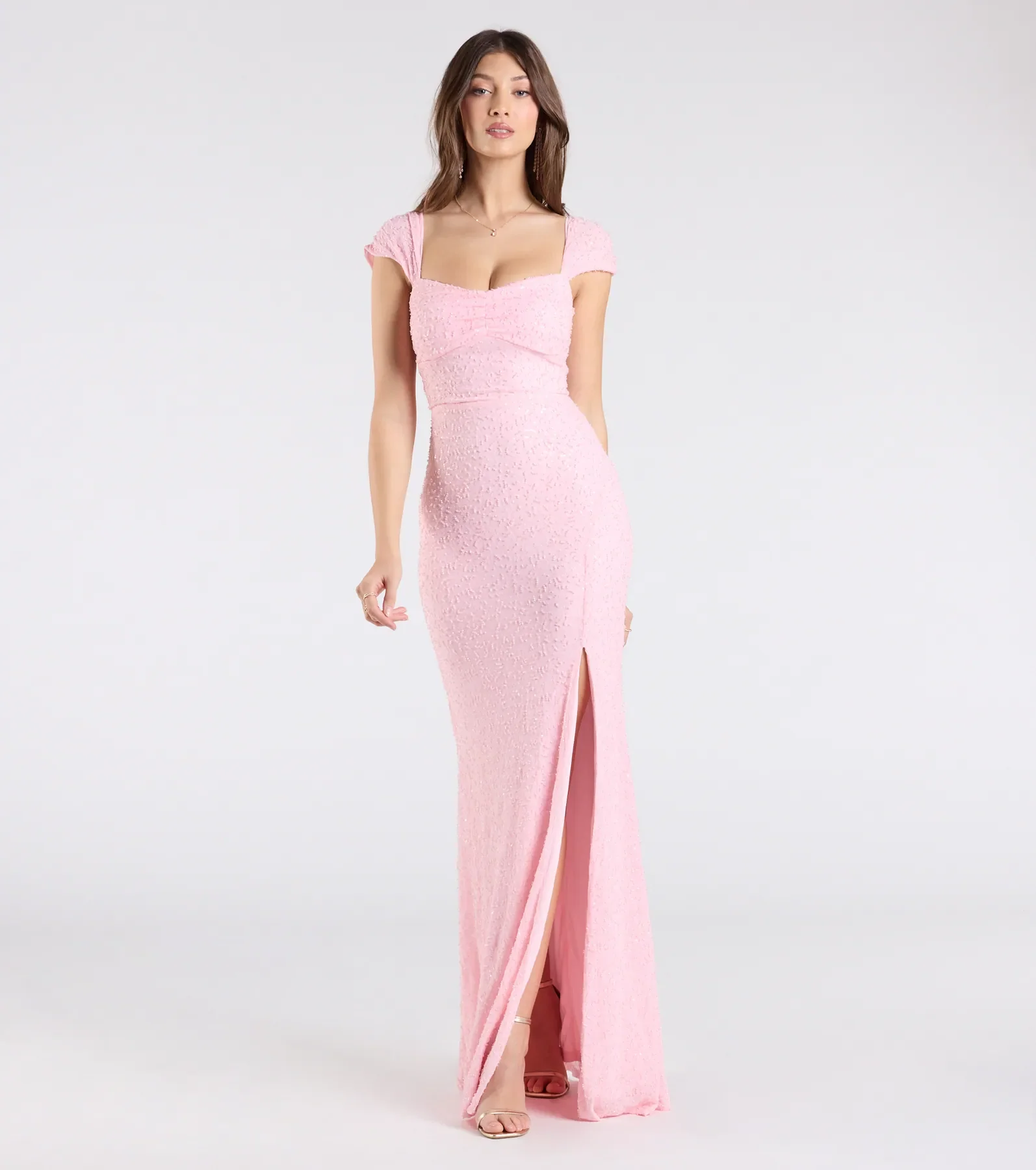 Greta Short Sleeve Lace-Up Slit Beaded Formal Dress