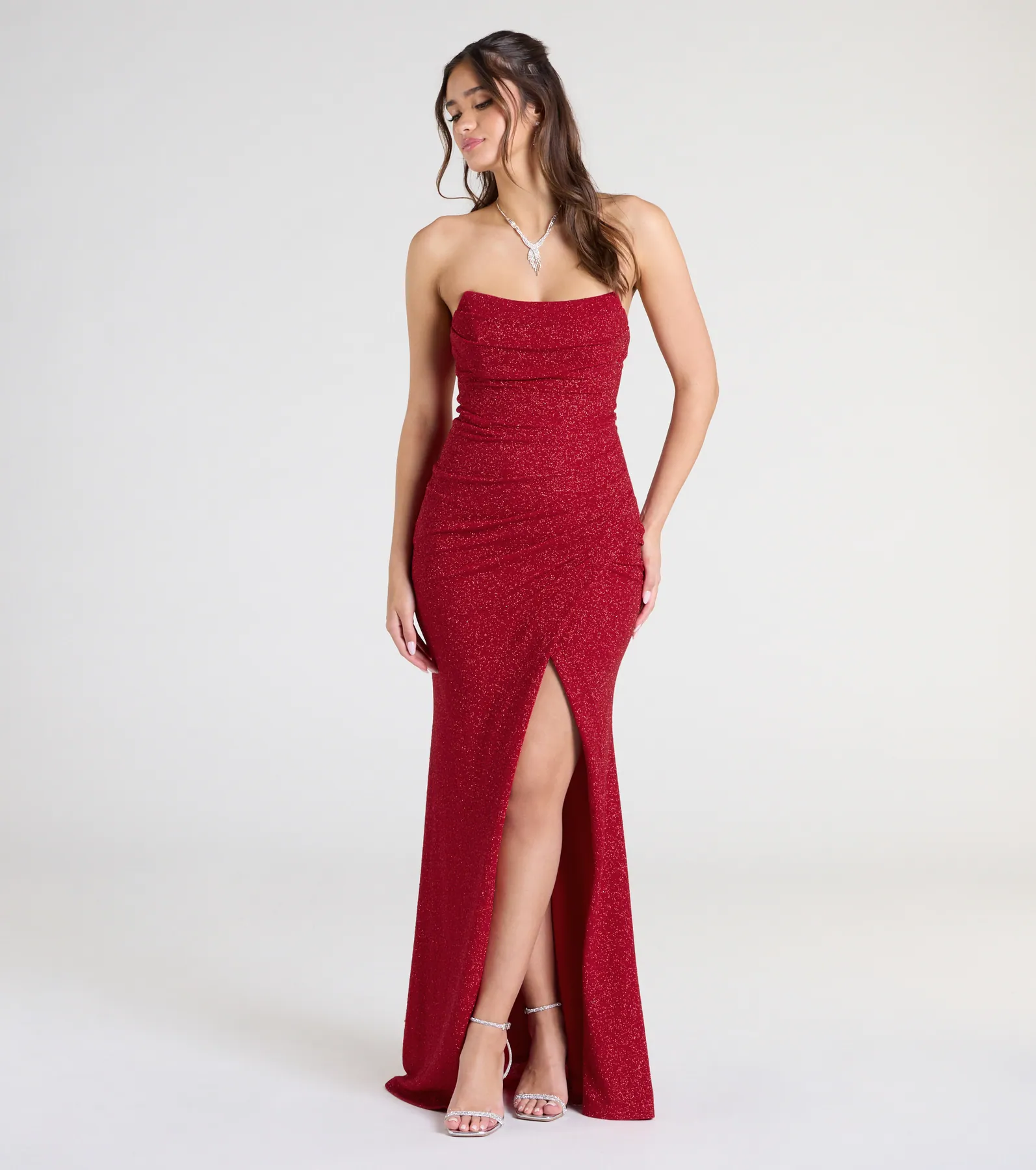 Perry Glitter Knit Wrap Slit Mermaid Dress