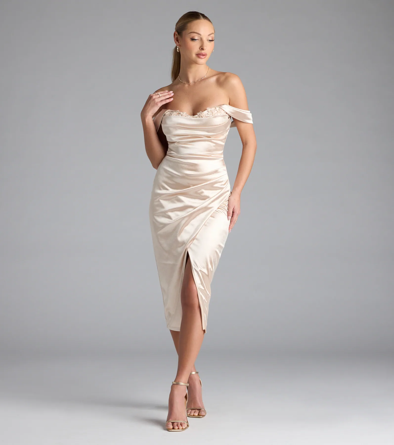 Martine Off-The-Shoulder Midi Satin Formal Dress