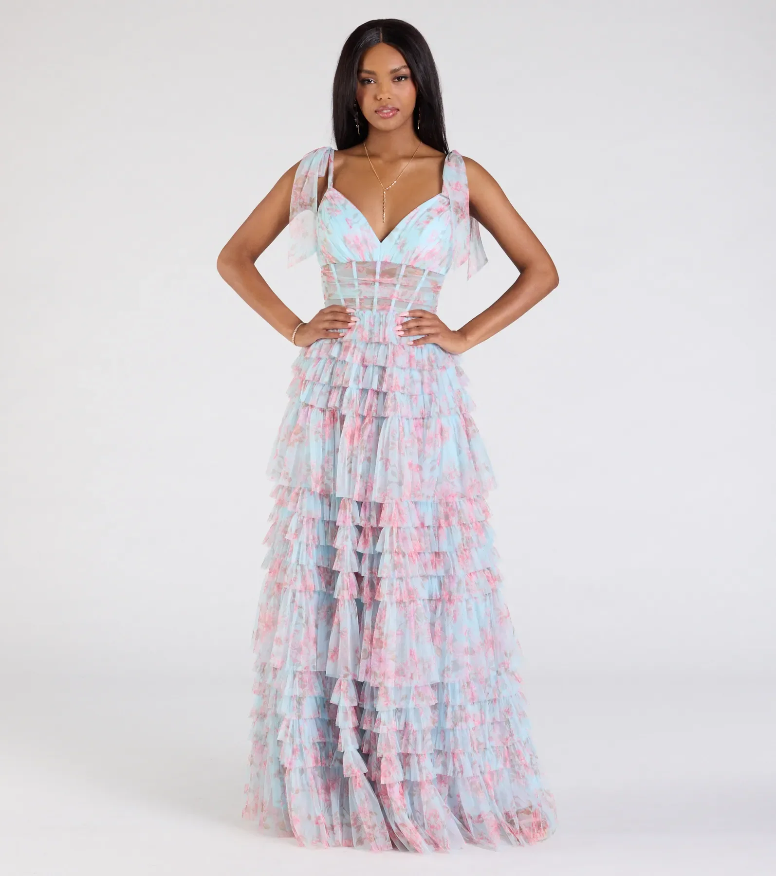 Catrina Corset A-Line Floral Mesh Formal Dress