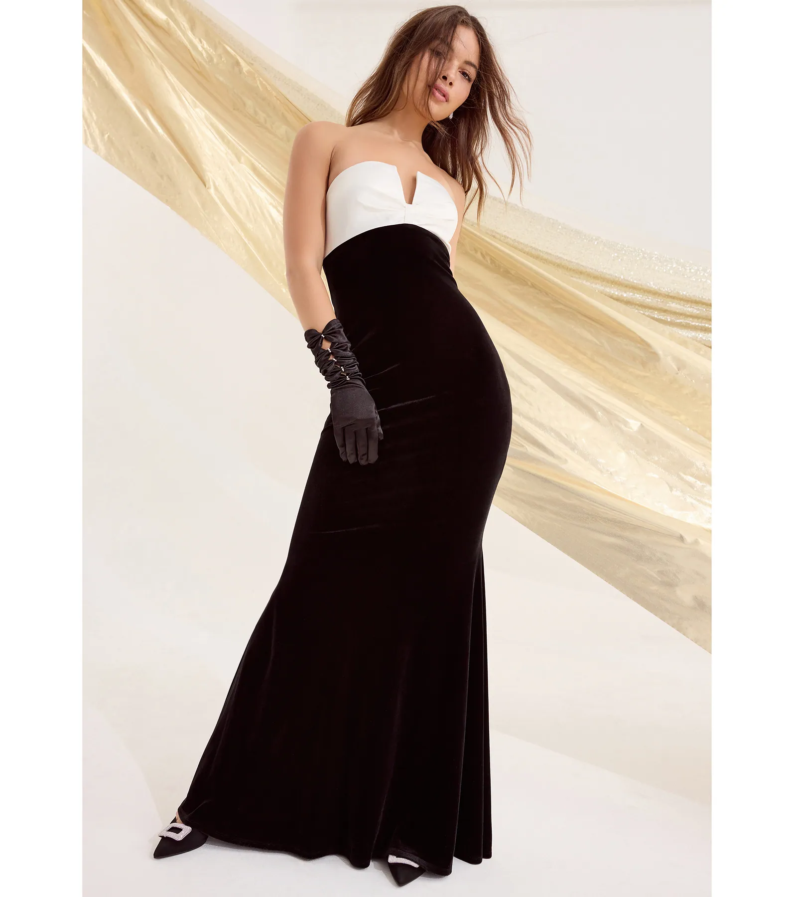 Marnie Strapless Satin Bow Velvet Column Formal Dress
