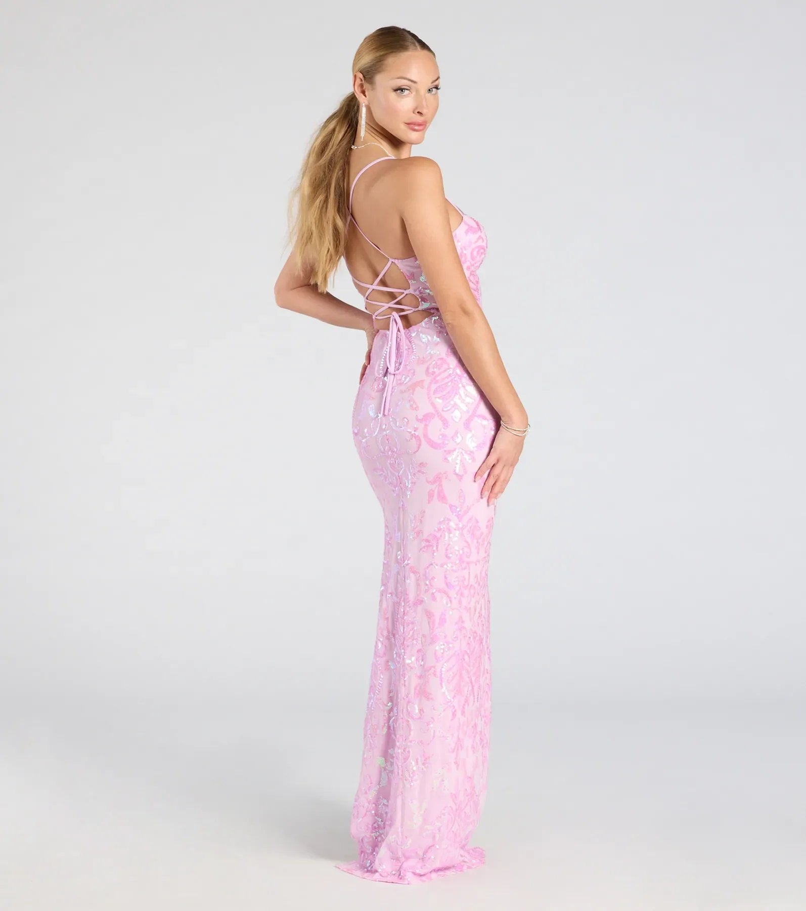 Zadie Lace-Up High Slit Sequin Formal Dress