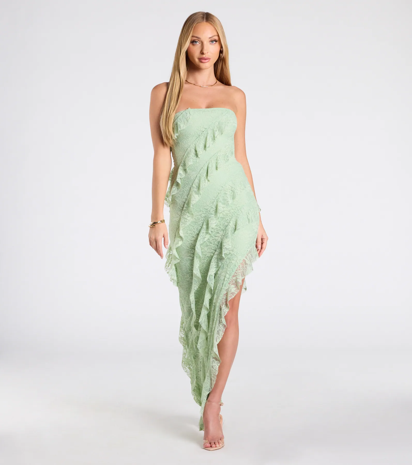 Ellie Ruffled Lace High Slit Formal Dress