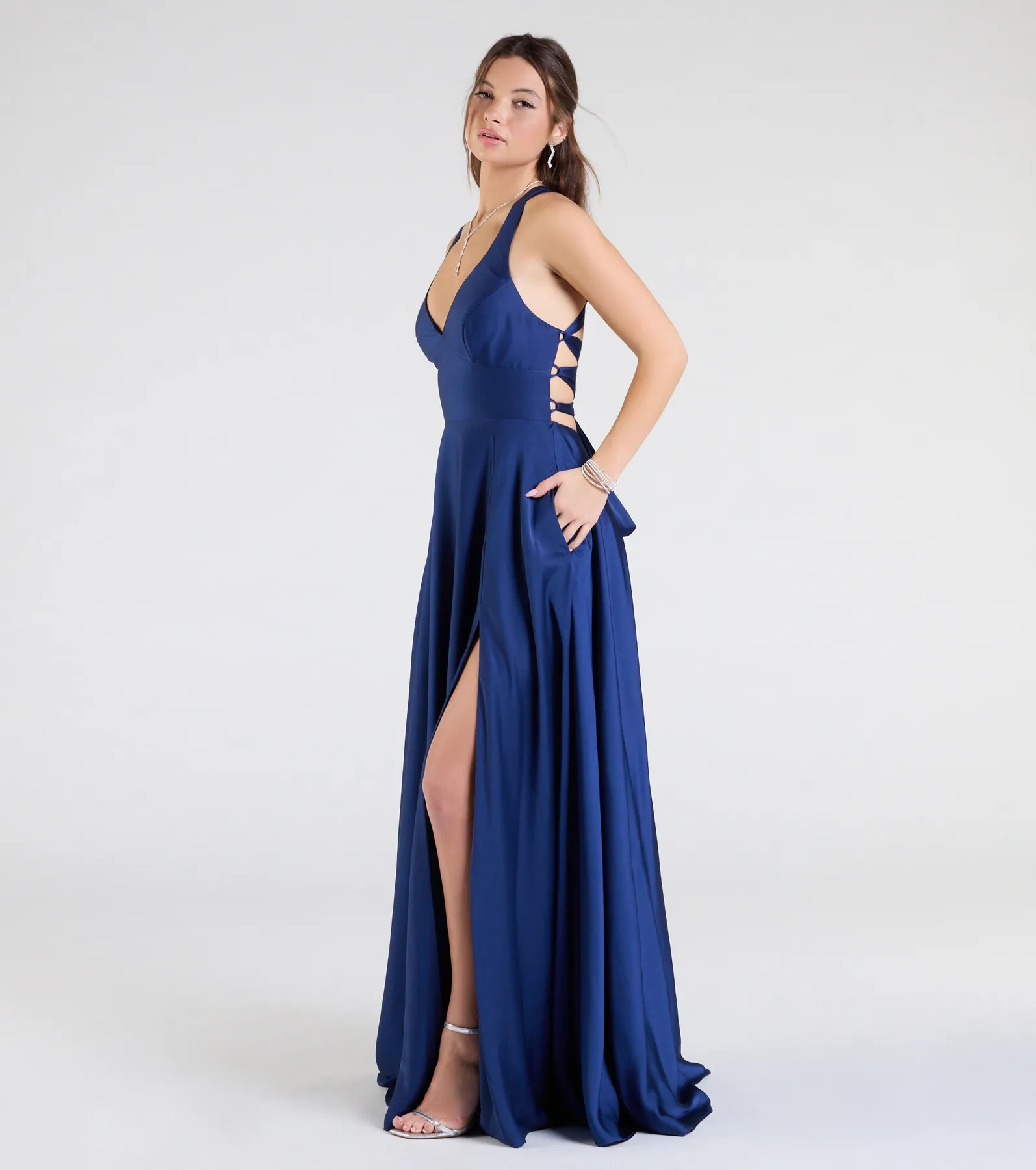 Abbey Lace-Up Slit A-Line Satin Formal Dress