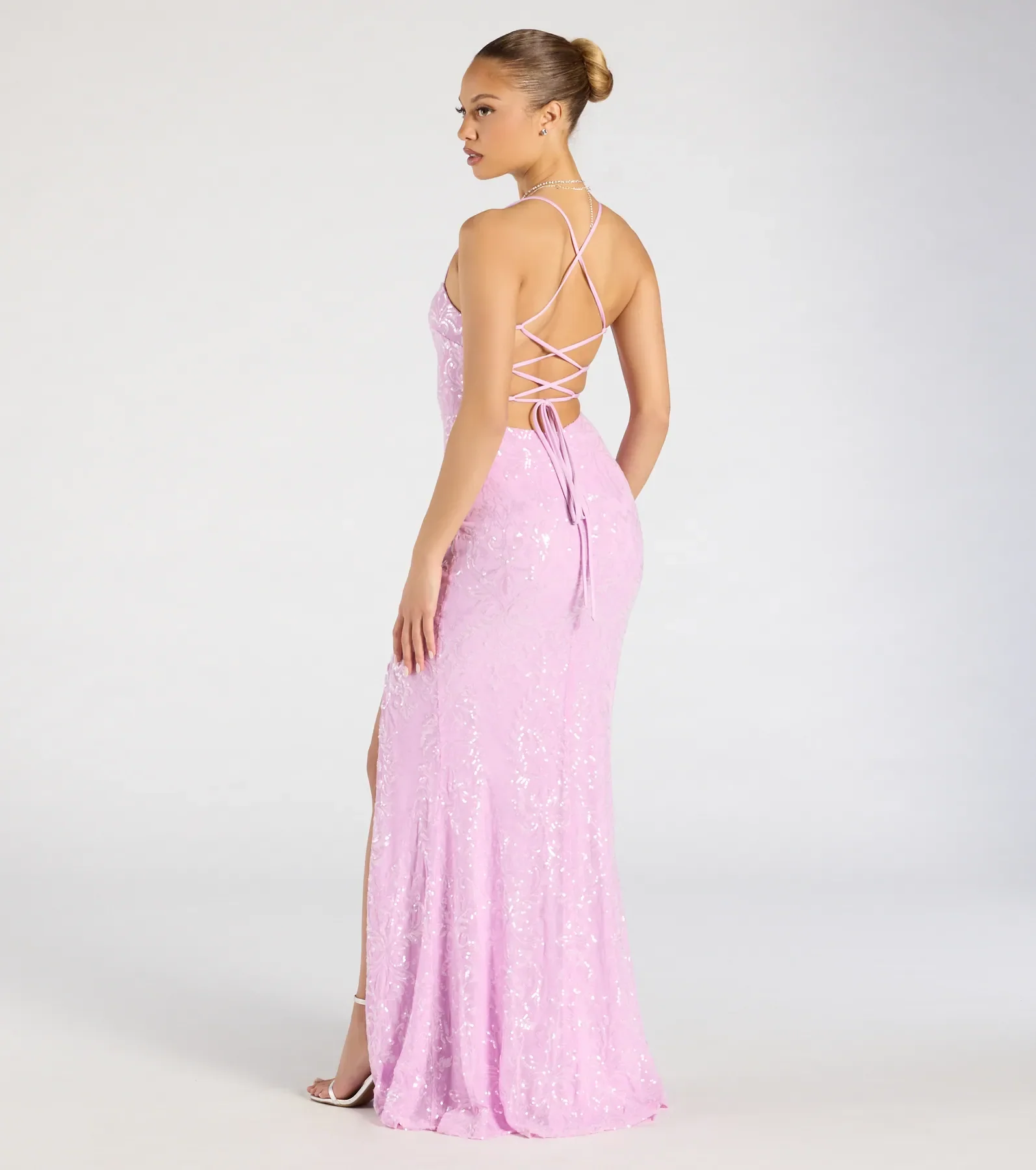 Mariah Lace-Up Slit Sequin Formal Dress