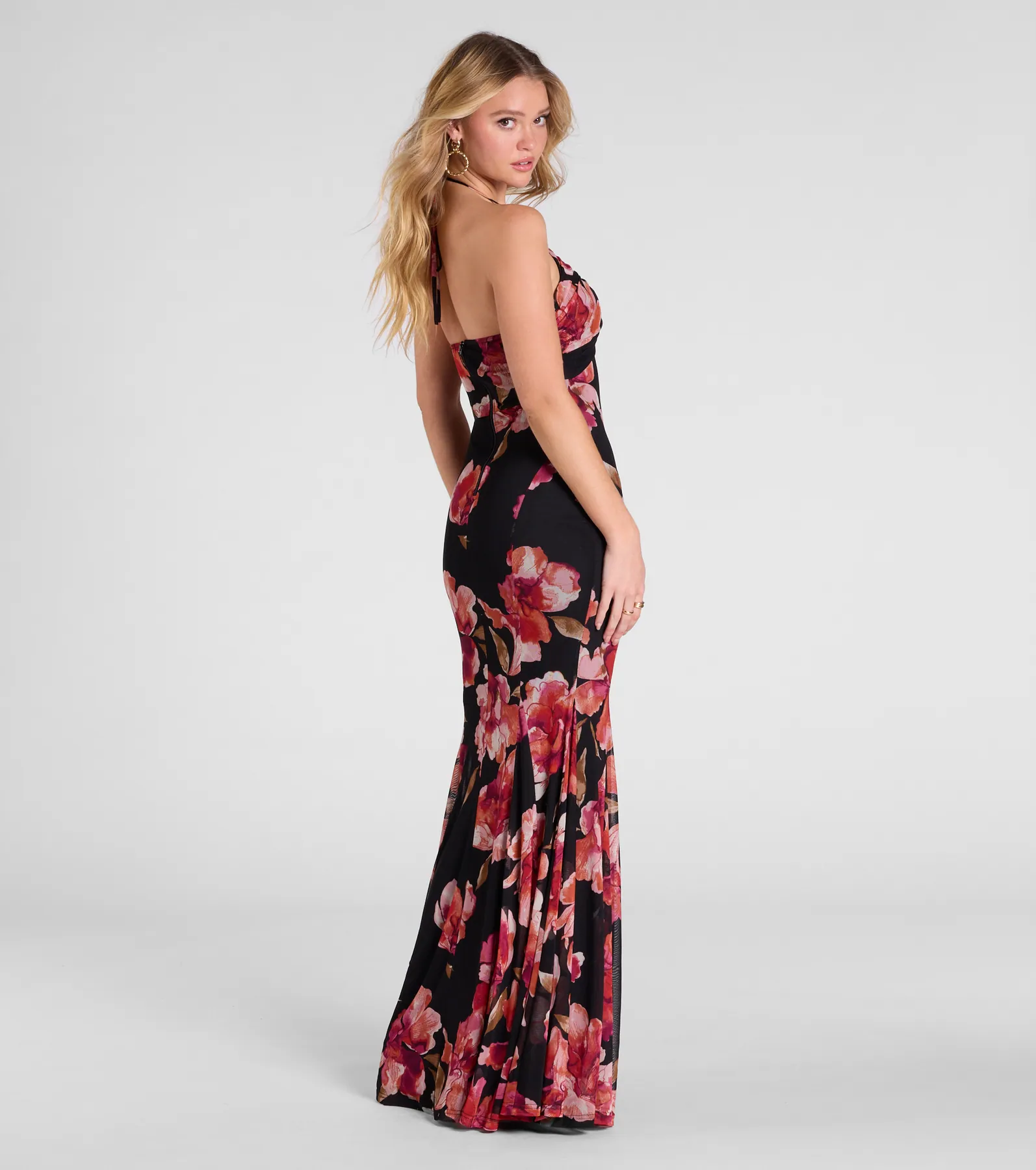 Malia Halter Mermaid Floral Mesh Formal Dress