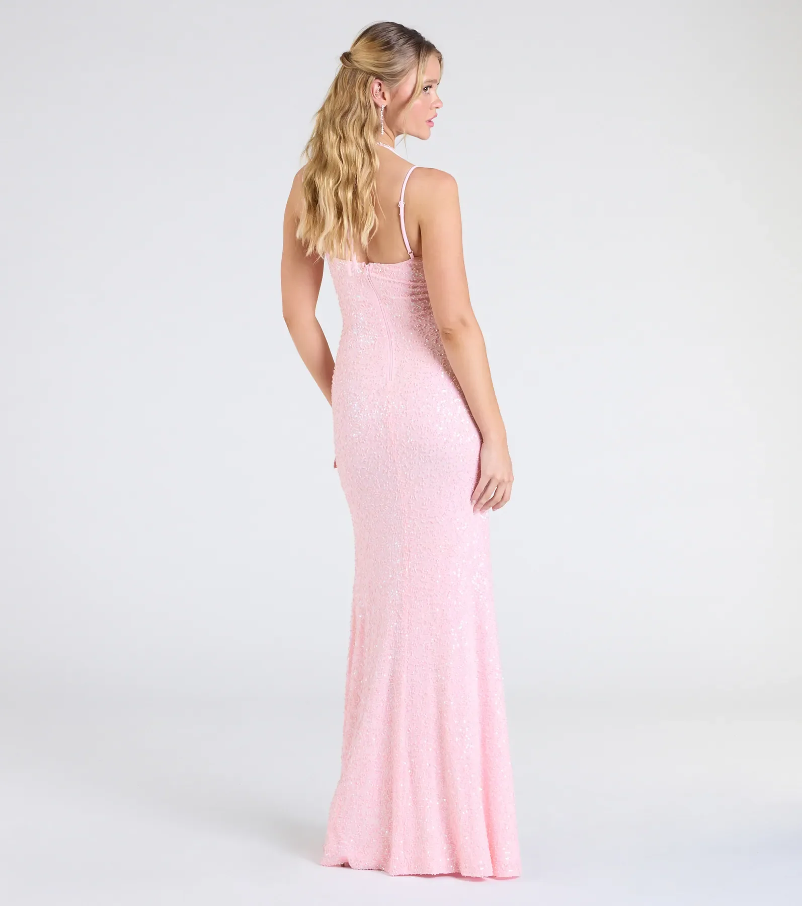 Kaitlyn Cowl Neck Slit Beaded Sequin Formal Dress
