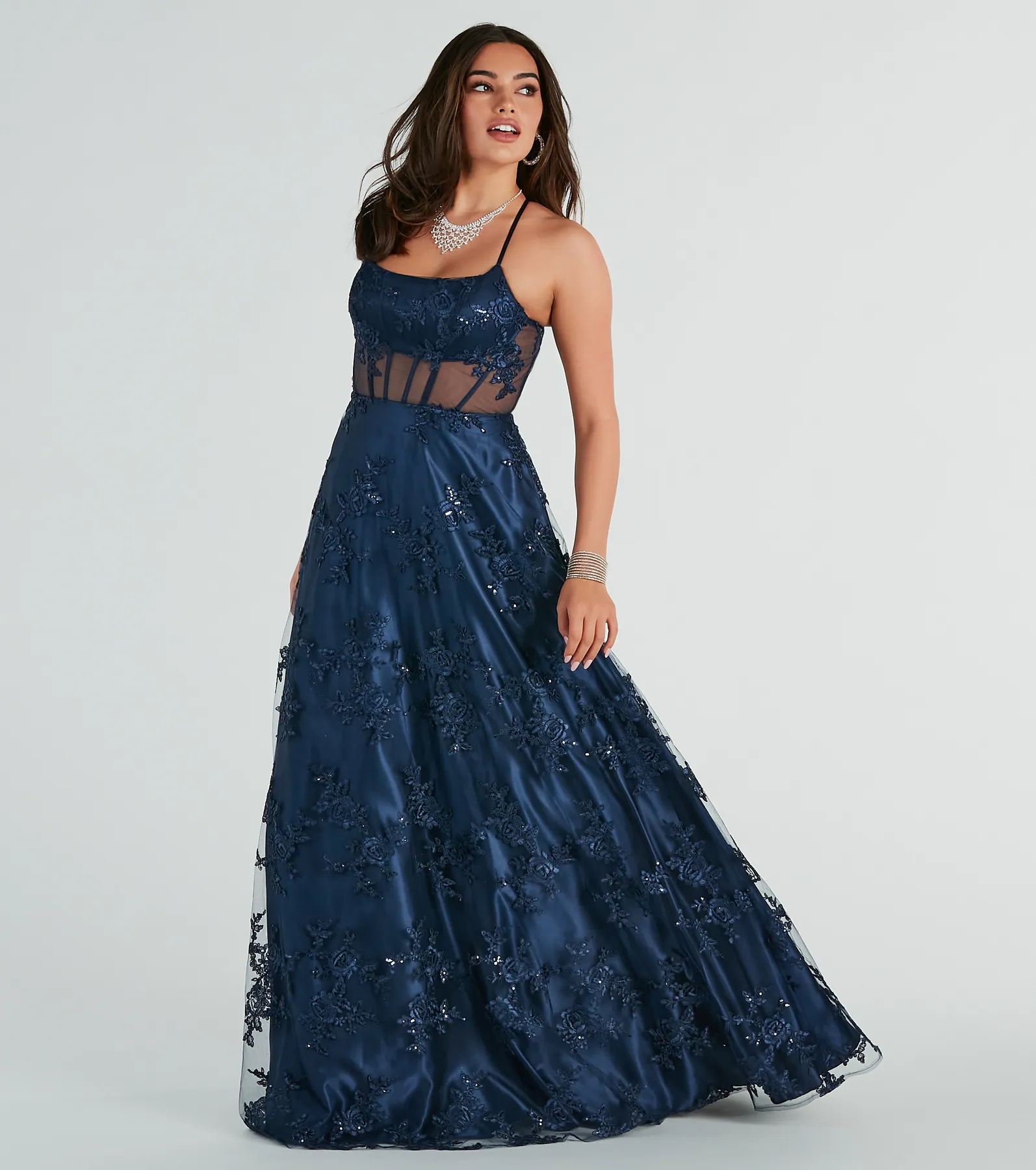 Monica Sequin Embroidered Lace Ball Gown