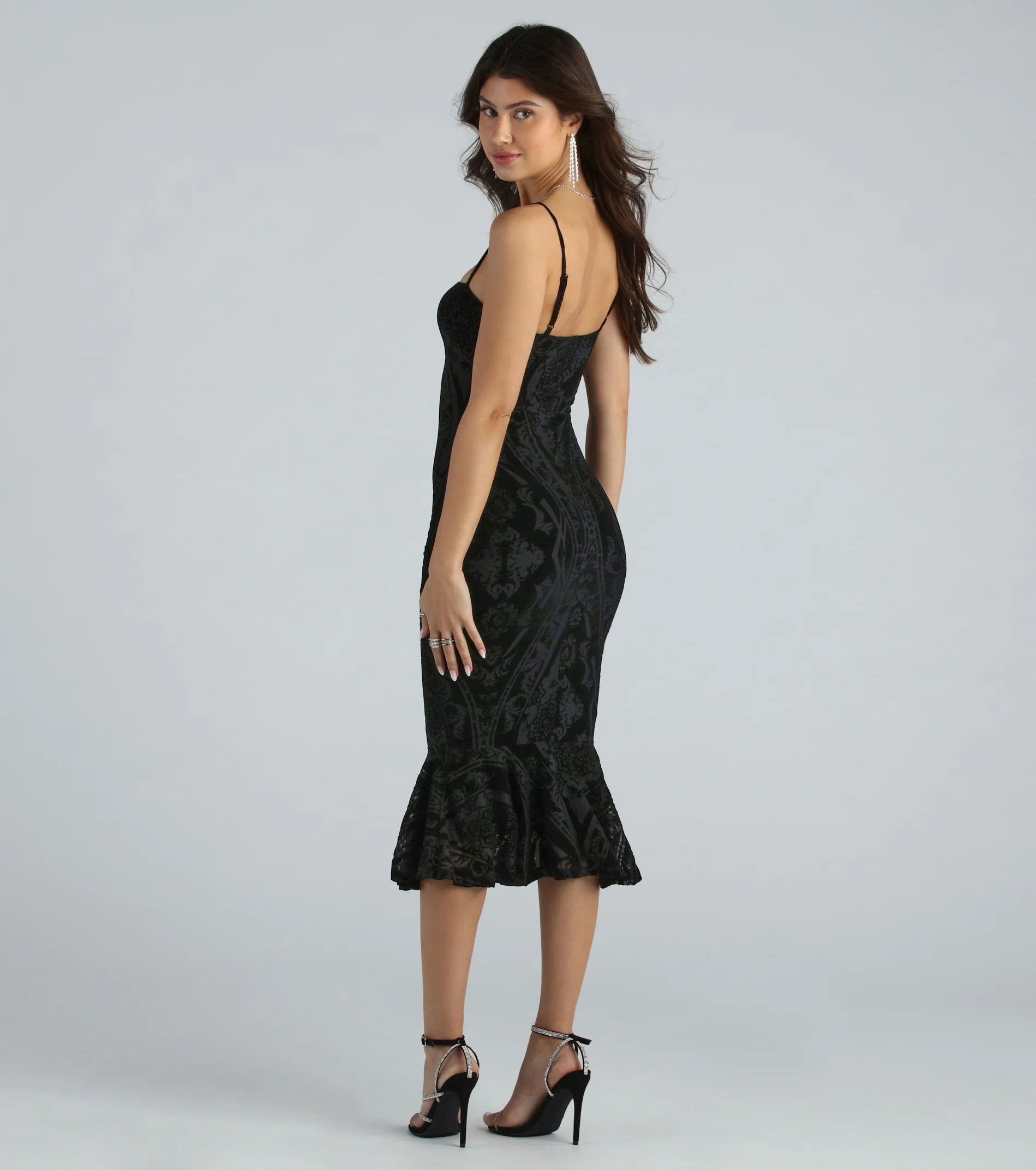 Step Out In Flocked Velvet Ruffle Midi Dress