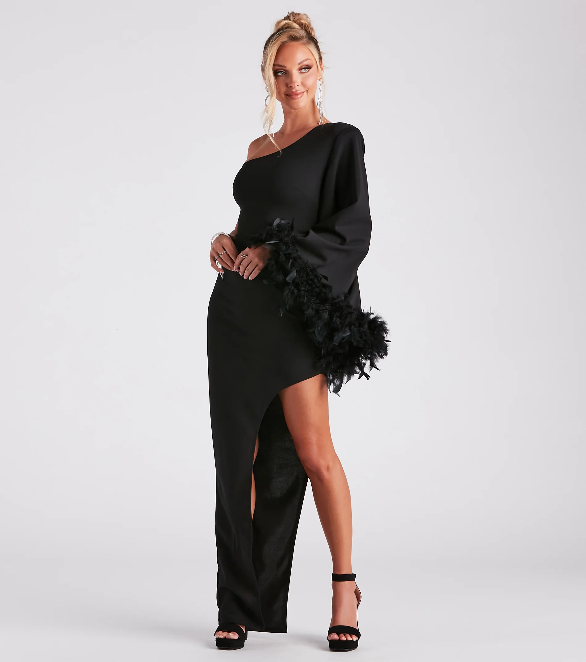 Vivian One-Shoulder Feather Trim Formal Dress