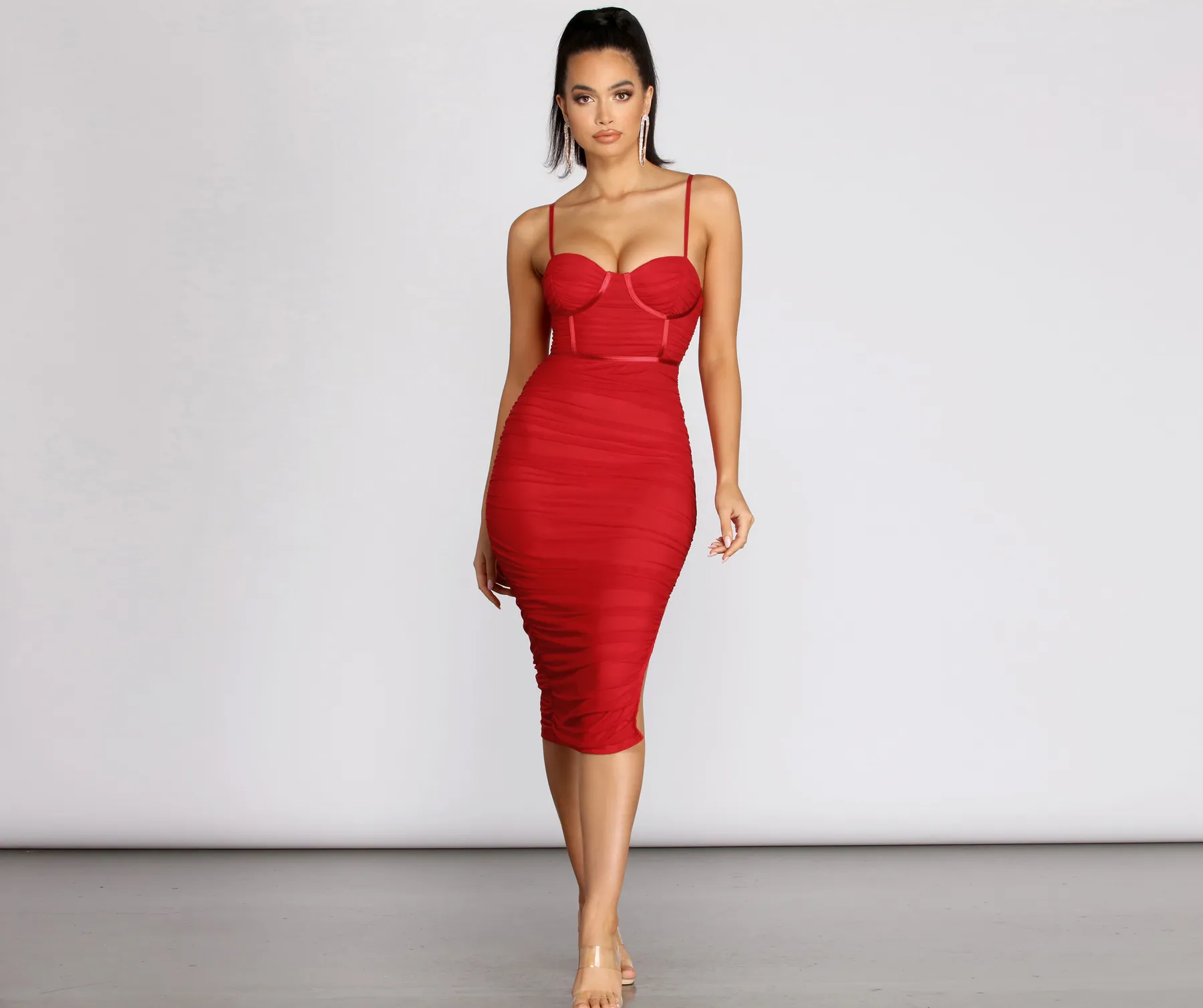 Sweetheart Bustier Ruched Midi Dress