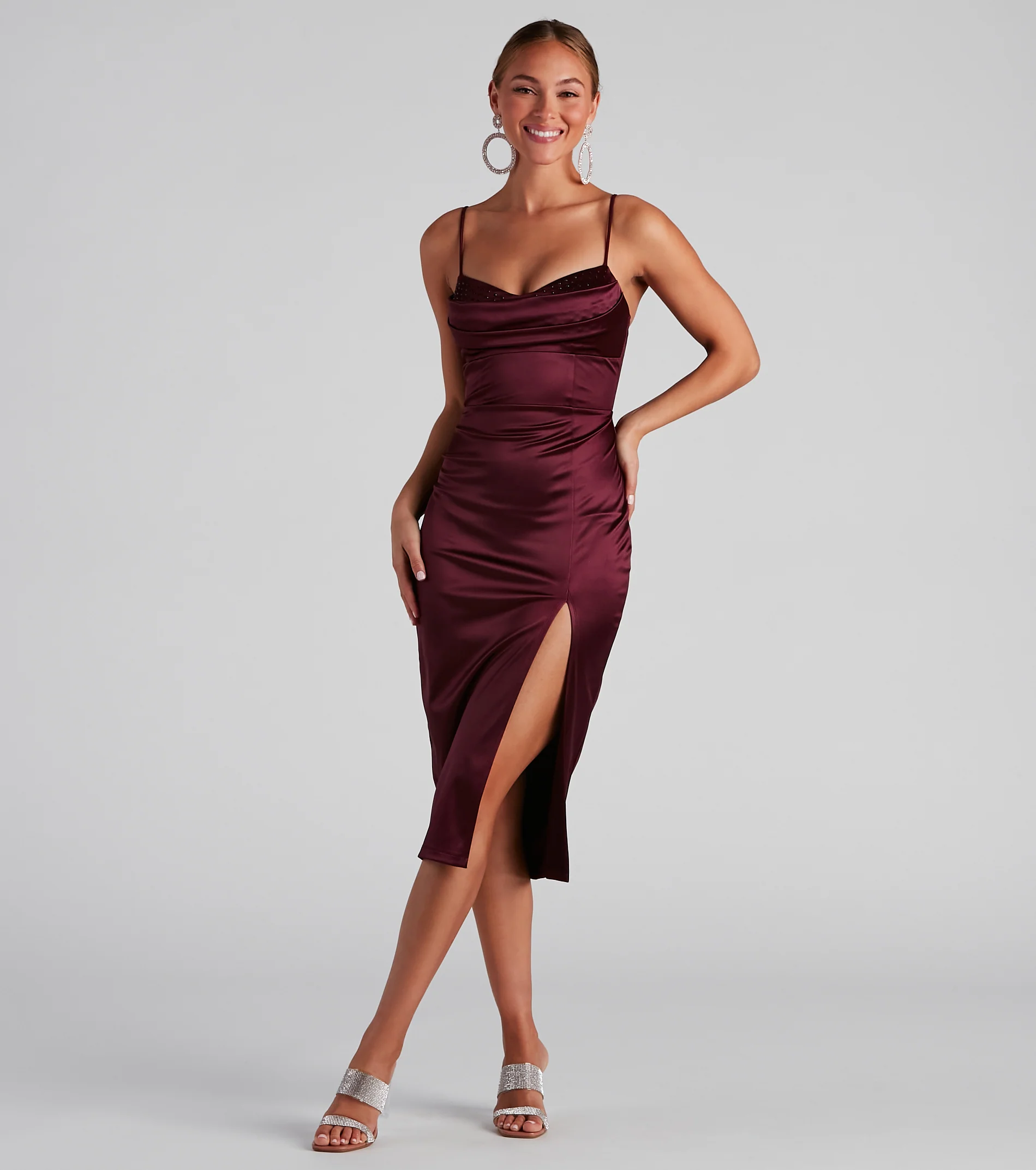 Adisson Formal Satin Heat Stone Midi Dress