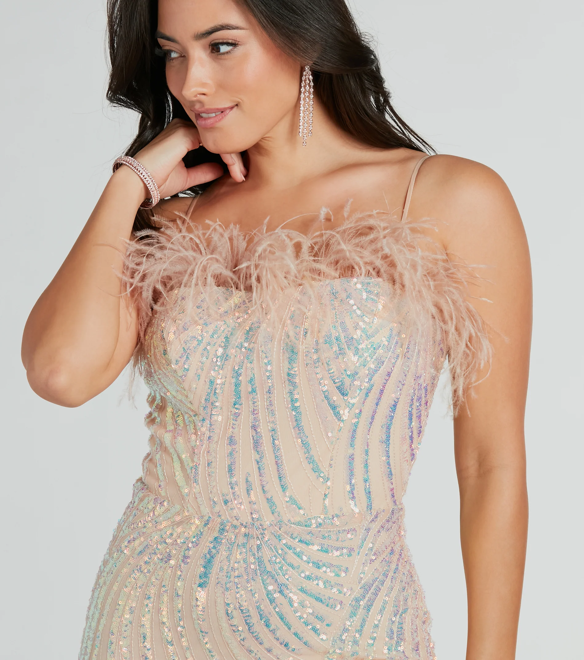 London Formal Sequin Feather Mermaid Dress