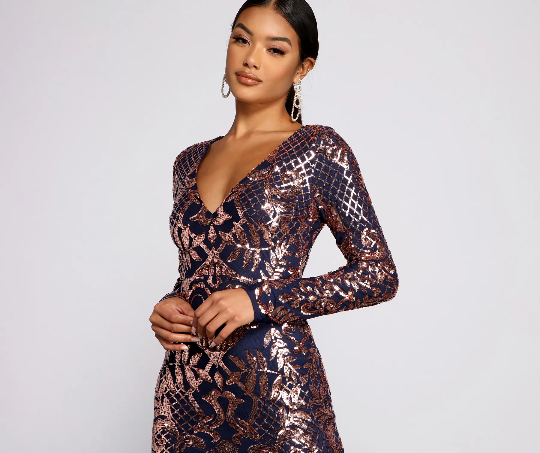 Ayla Formal Long Sleeve Sequin Scroll Dress