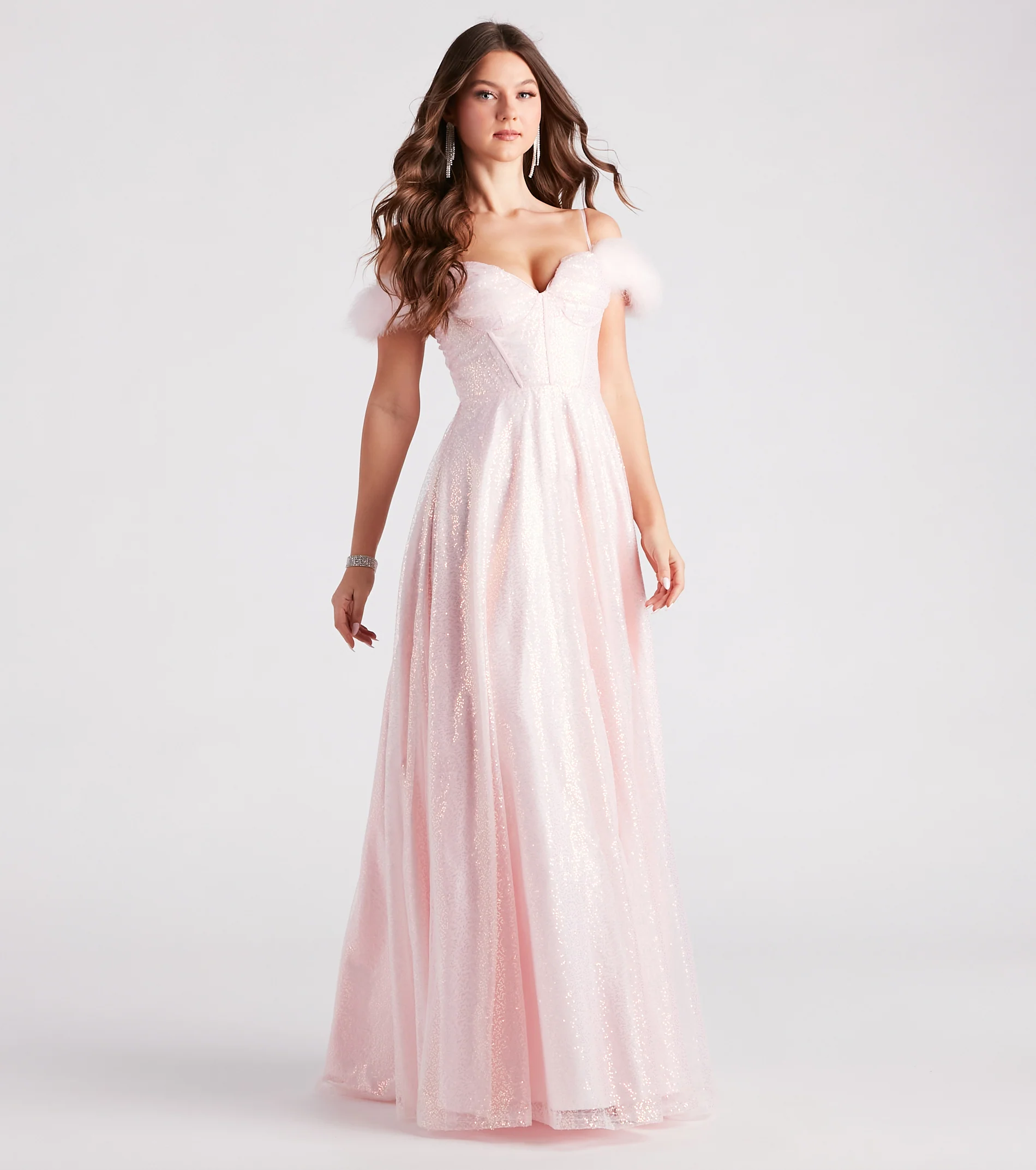 Kayleen Sequin Feather A-Line Ball Gown