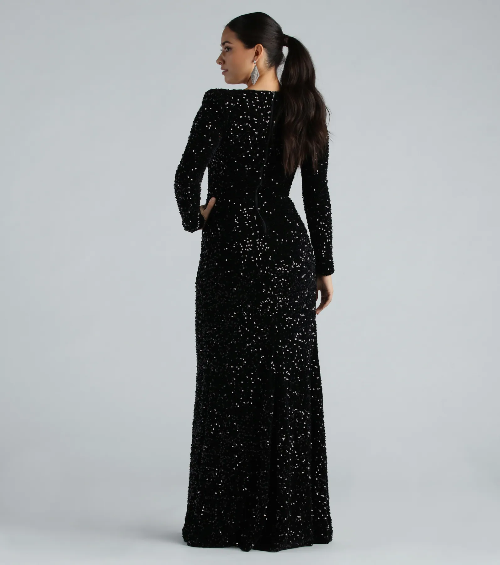 Trina Formal Velvet Sequin Long Sleeve A-Line Dress