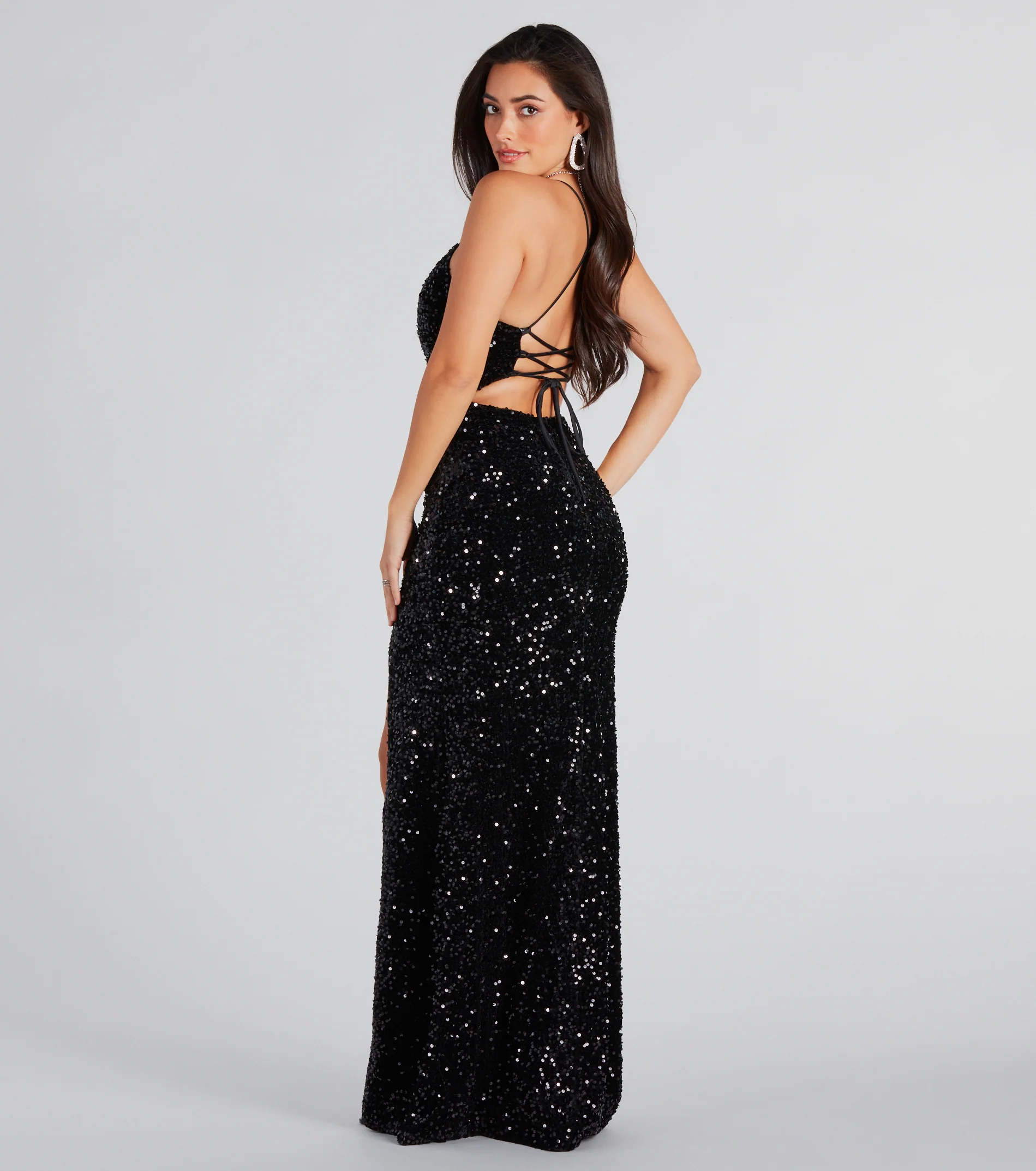 Giselle Formal Sequin Velvet Lace-Up Dress