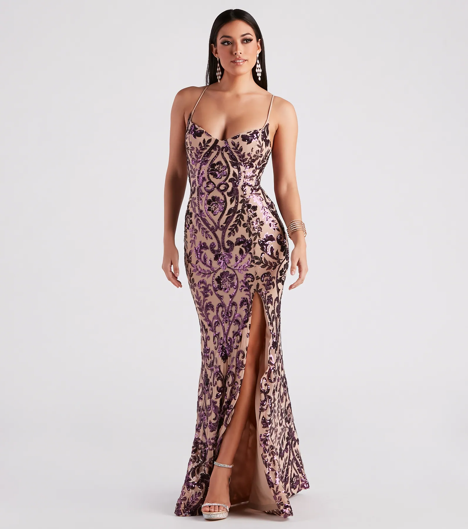Lori Formal Sequin Lace-Up Long Dress