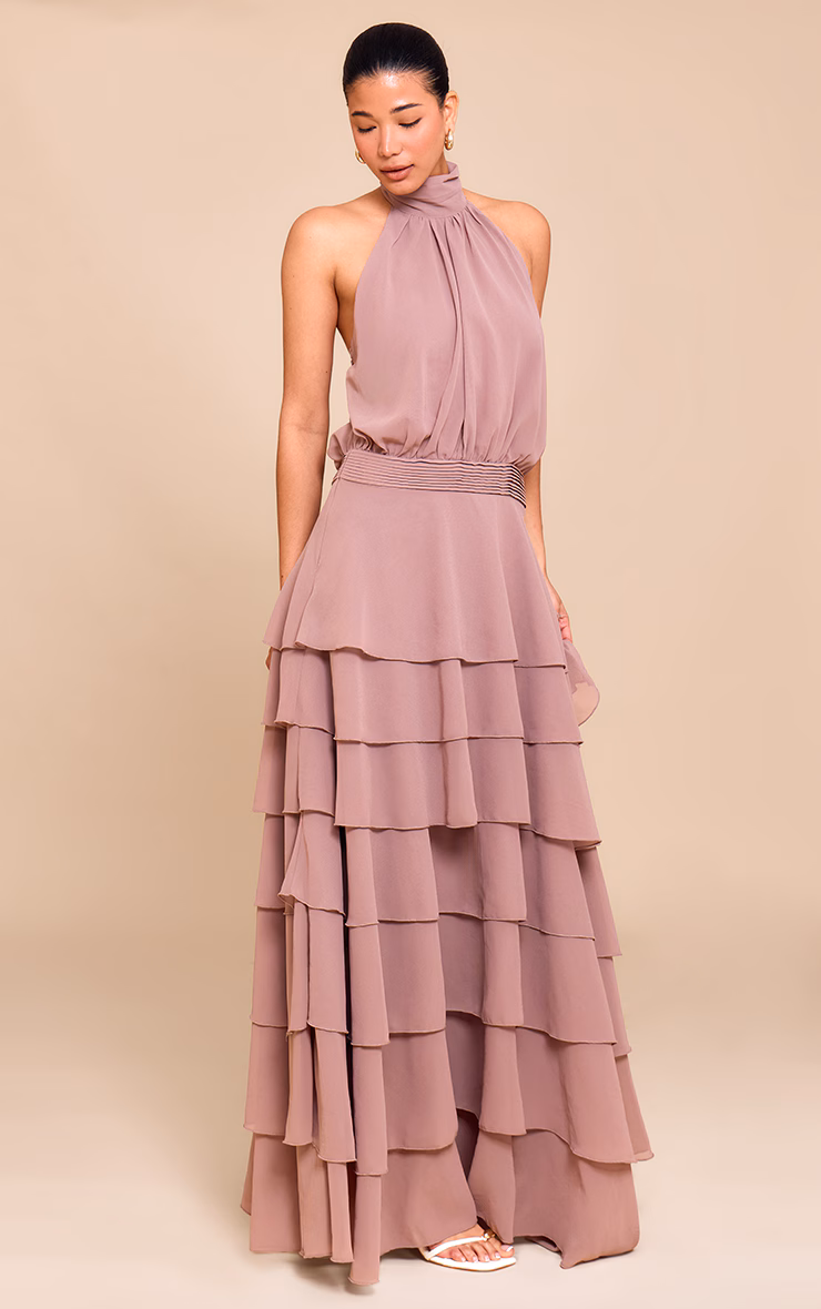 Taupe Chiffon Tiered Maxi Dress