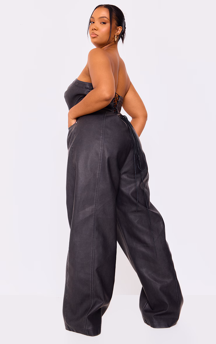 Plus Black Faux Leather Bandeau Lace Back Straight Leg Jumpsuit