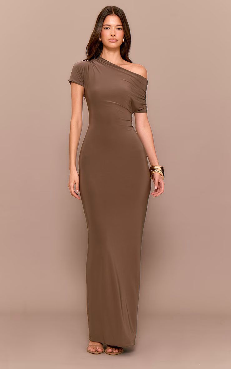 Mushroom Double Layer Slinky Asymmetric Ruched Sleeve Maxi Dress