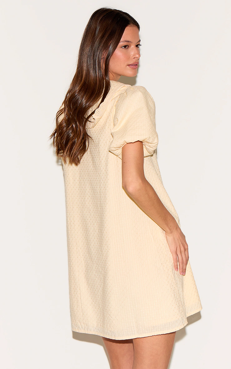 Almond Embroidered Cotton Lace Trim Puff Sleeve Shirt Dress