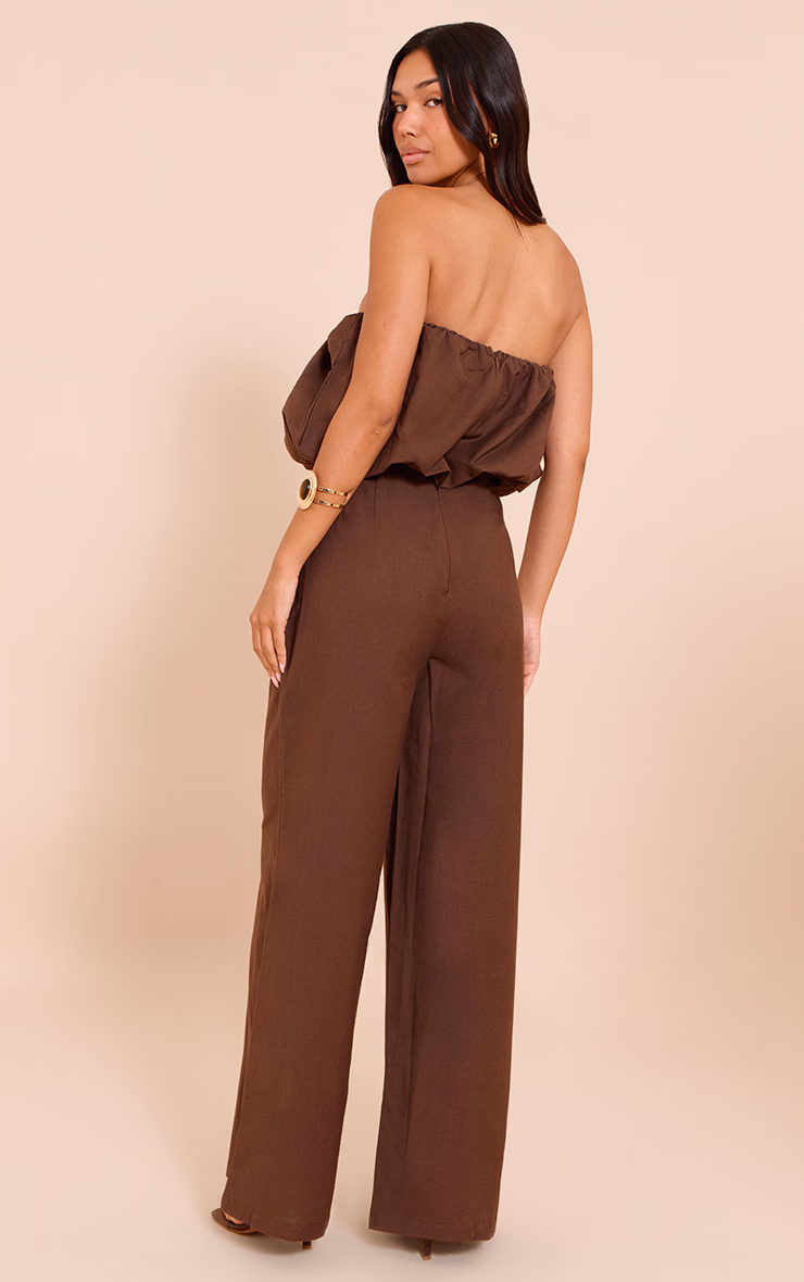 Dark Chocolate Cotton Puffball Bandeau Straight Leg Jumpsuit