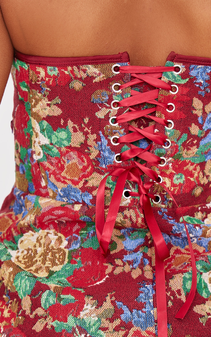 Burgundy Tapestry Bandeau Lace Up Back Bodycon Dress