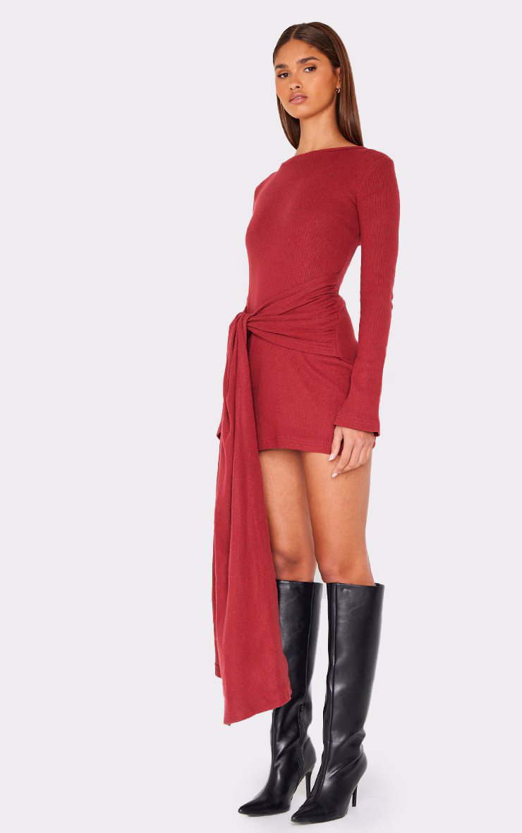 Burgundy Heavy Brushed Rib Boat Neck Wrap Tie Bodycon Dress