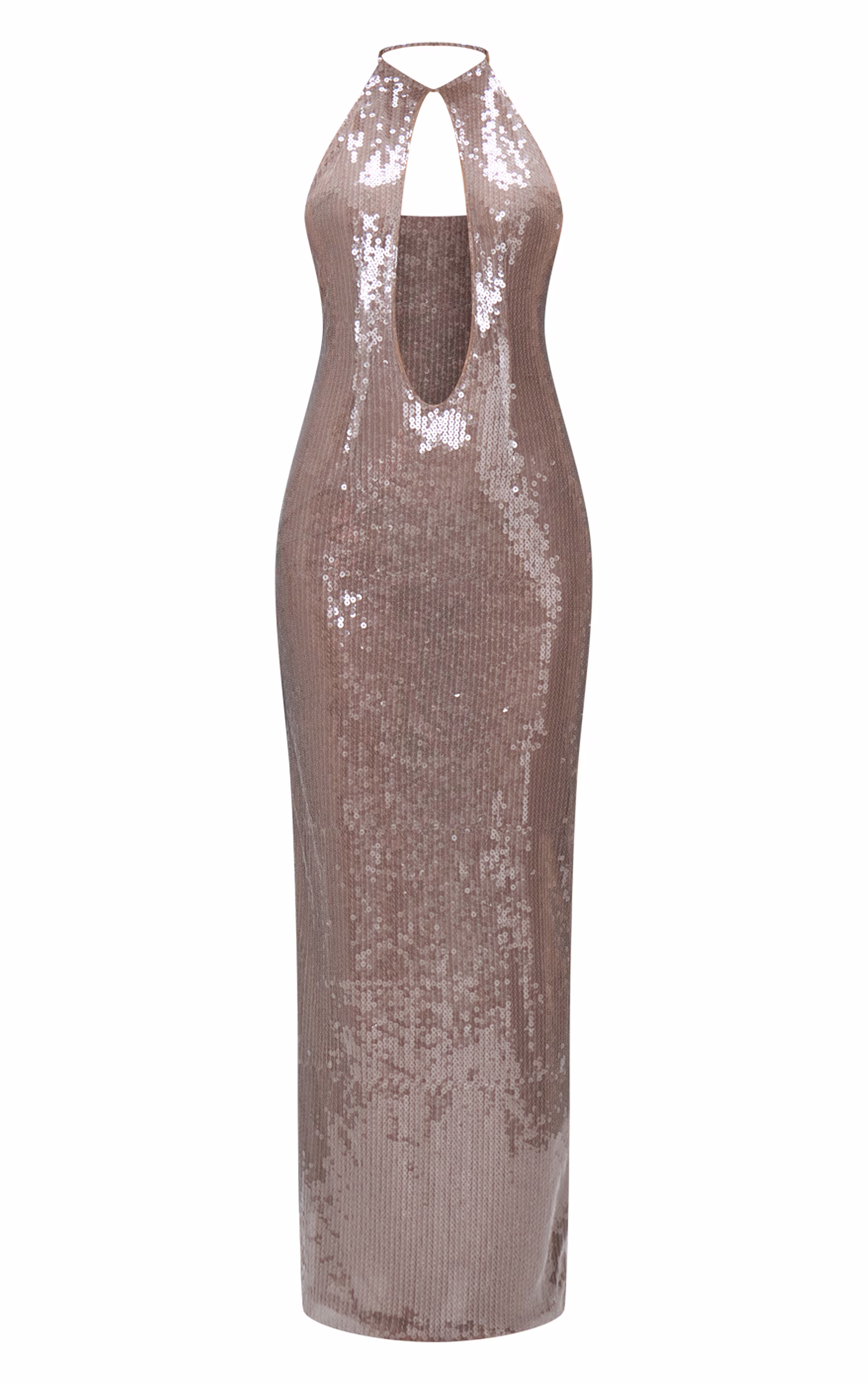 Light Nude Sequin High Neck Plunge Maxi Dress