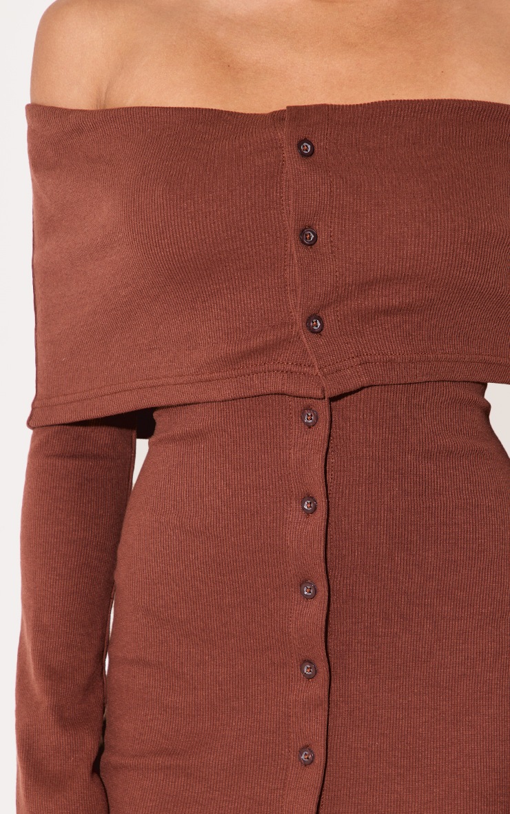 Chocolate Rib Fold Over Bardot Button Mini Dress