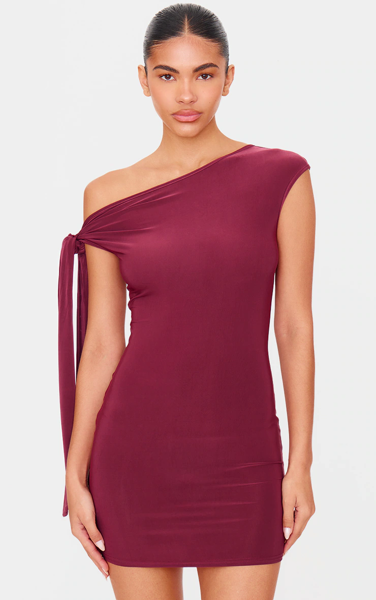 Plum Slinky Asymmetric Tie Shoulder Mini Dress