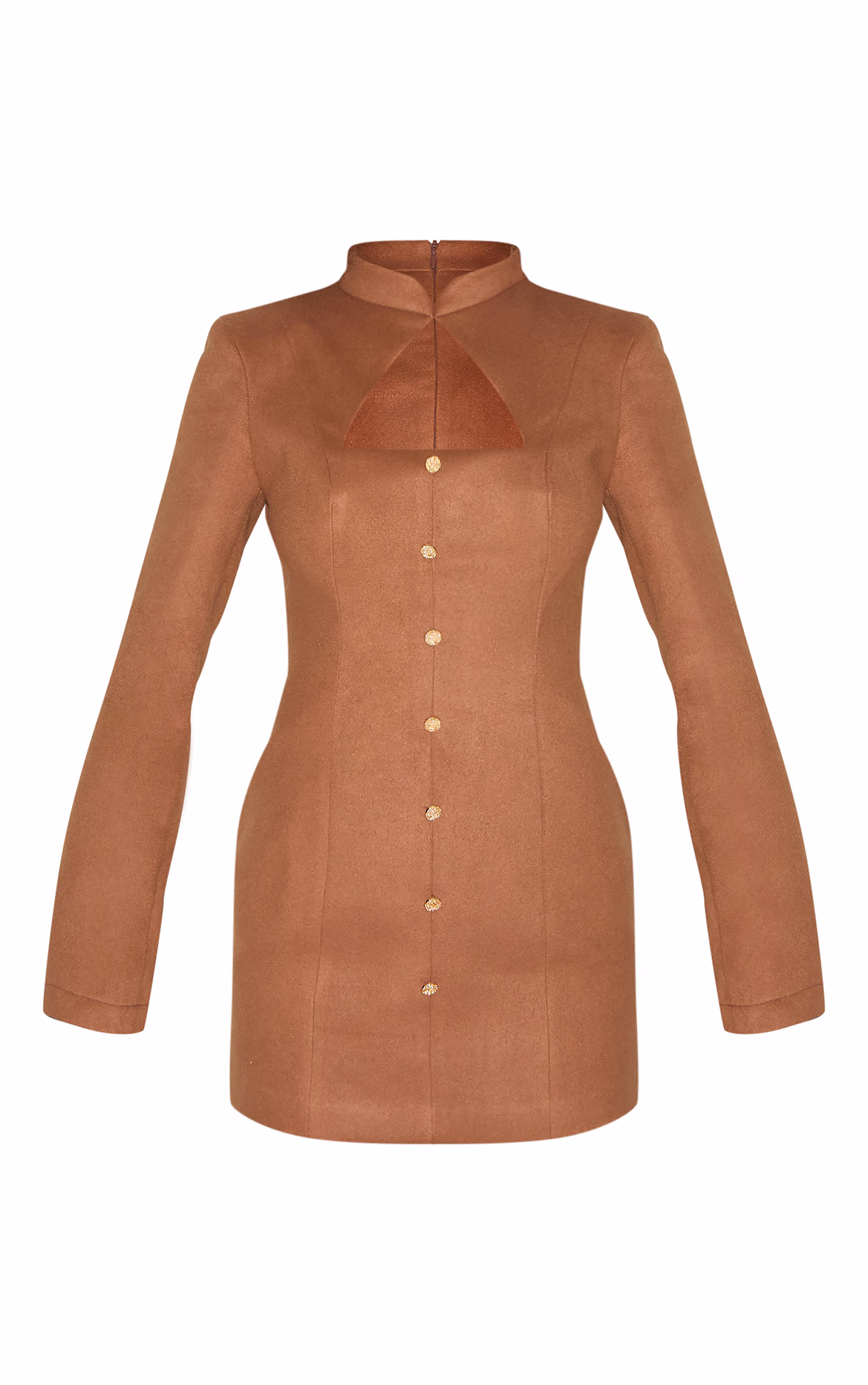 Deep Taupe Brushed Woven Long Sleeve Button Detail Mini Dress