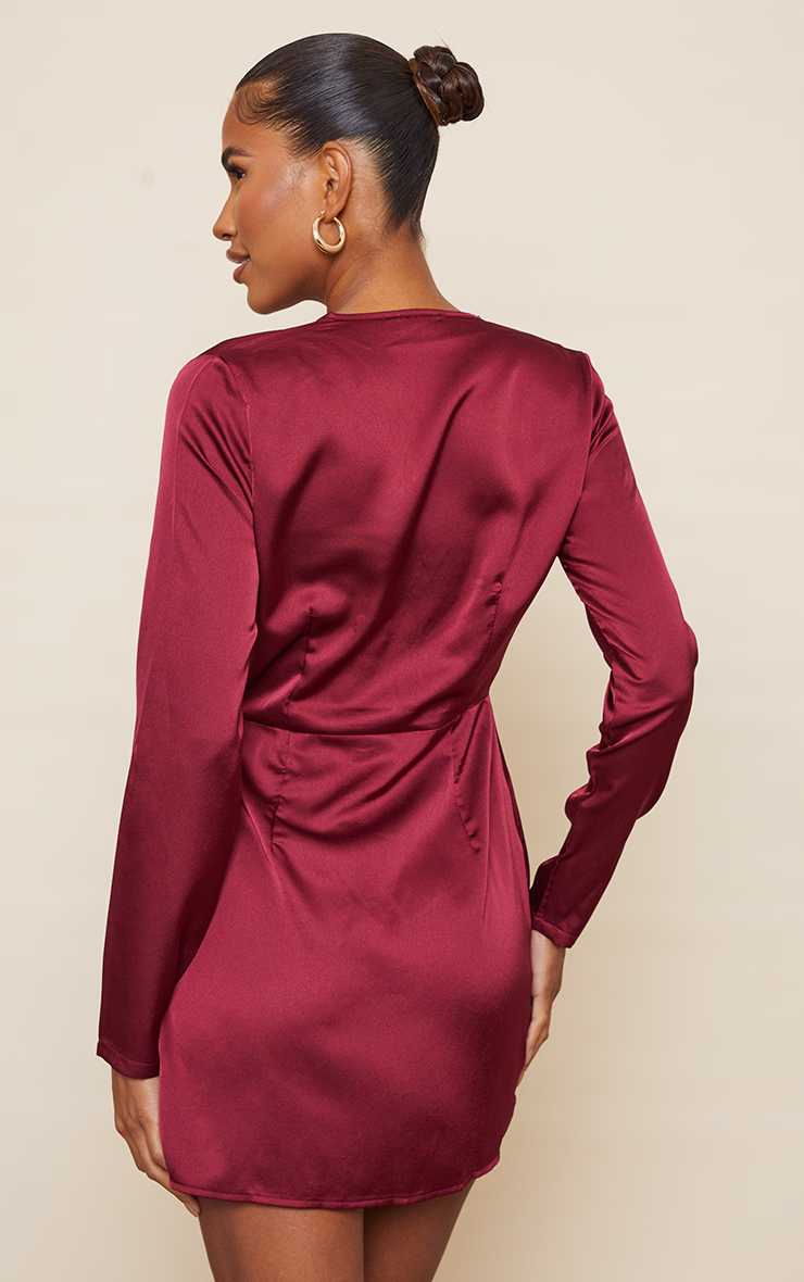 Burgundy Satin Long Sleeve Wrap Dress