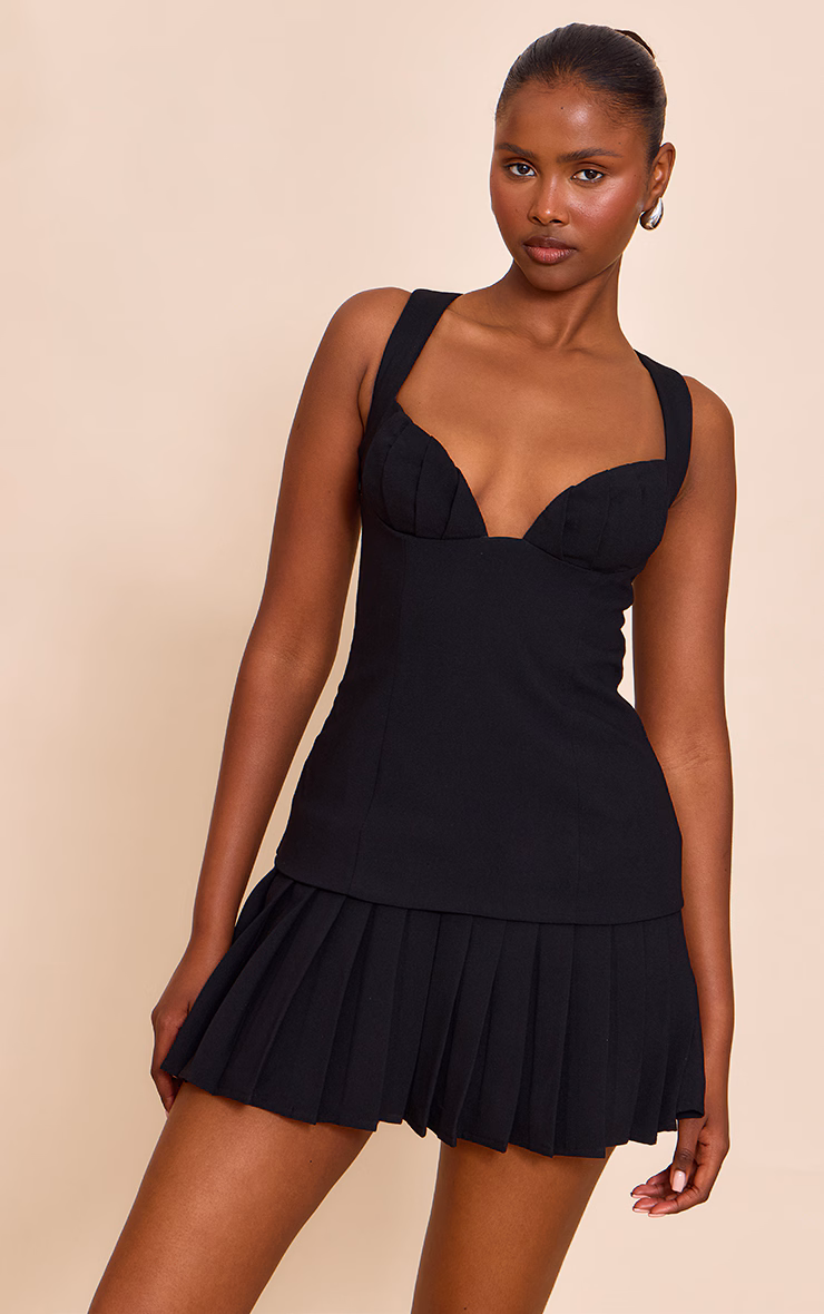 Black Plt Label Tailored Pleated Bust Bodycon Dress