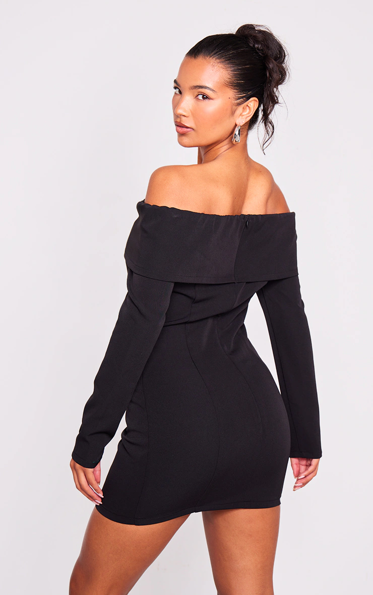 Black Off Shoulder Button Front Shift Blazer Dress