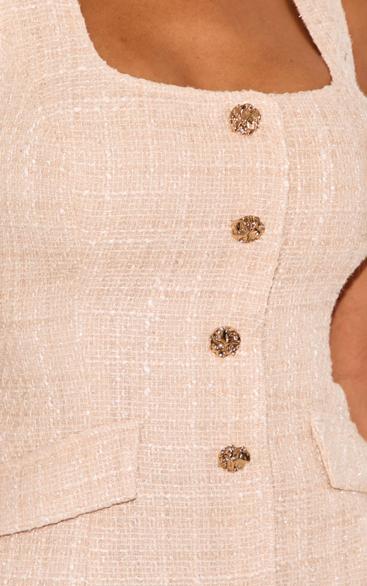 Shape Stone Boucle Square Neck Layered Hammered Button Mini Dress