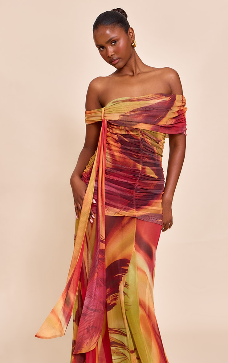 Burnt Orange Abstract Print Lined Mesh Bardot Maxi Dress