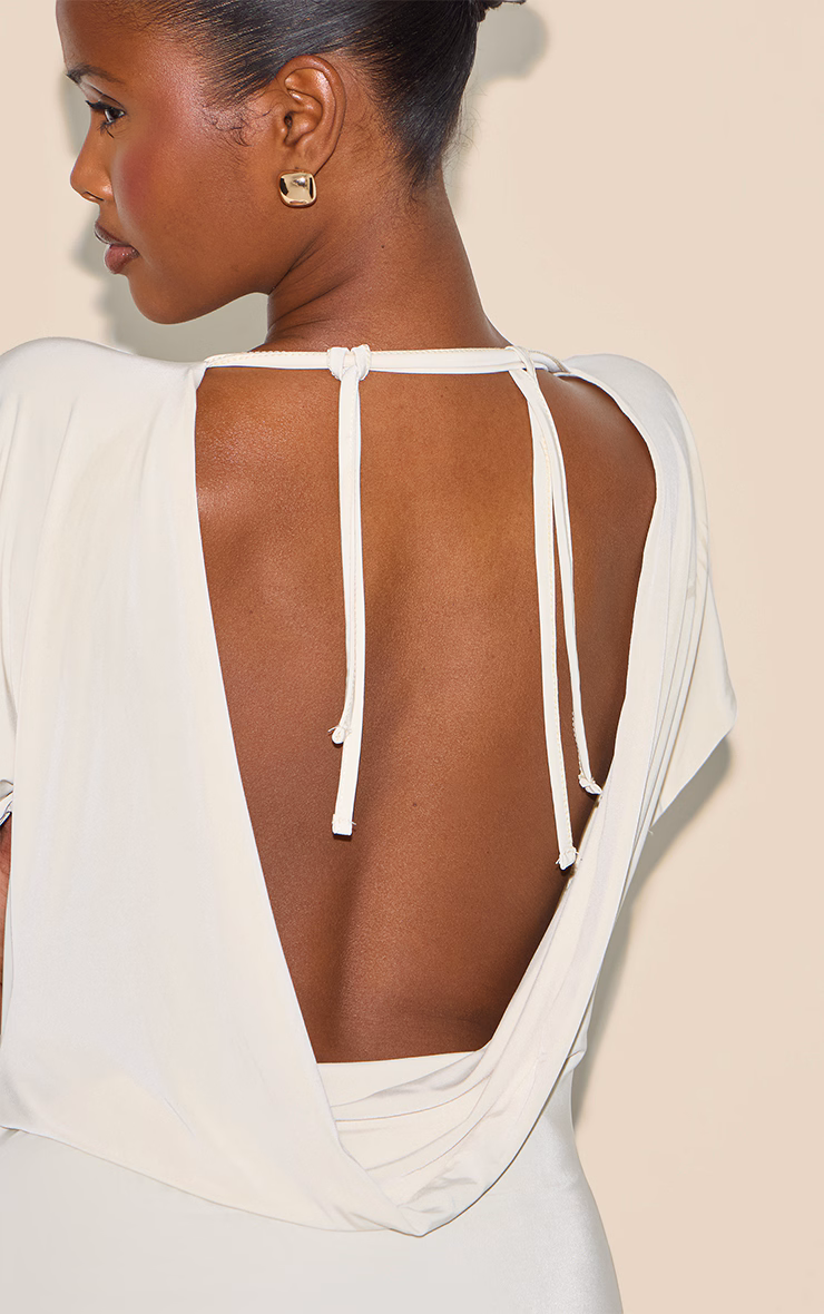 Almond Double Layered Slinky Ruched Short Sleeve Mini Dress