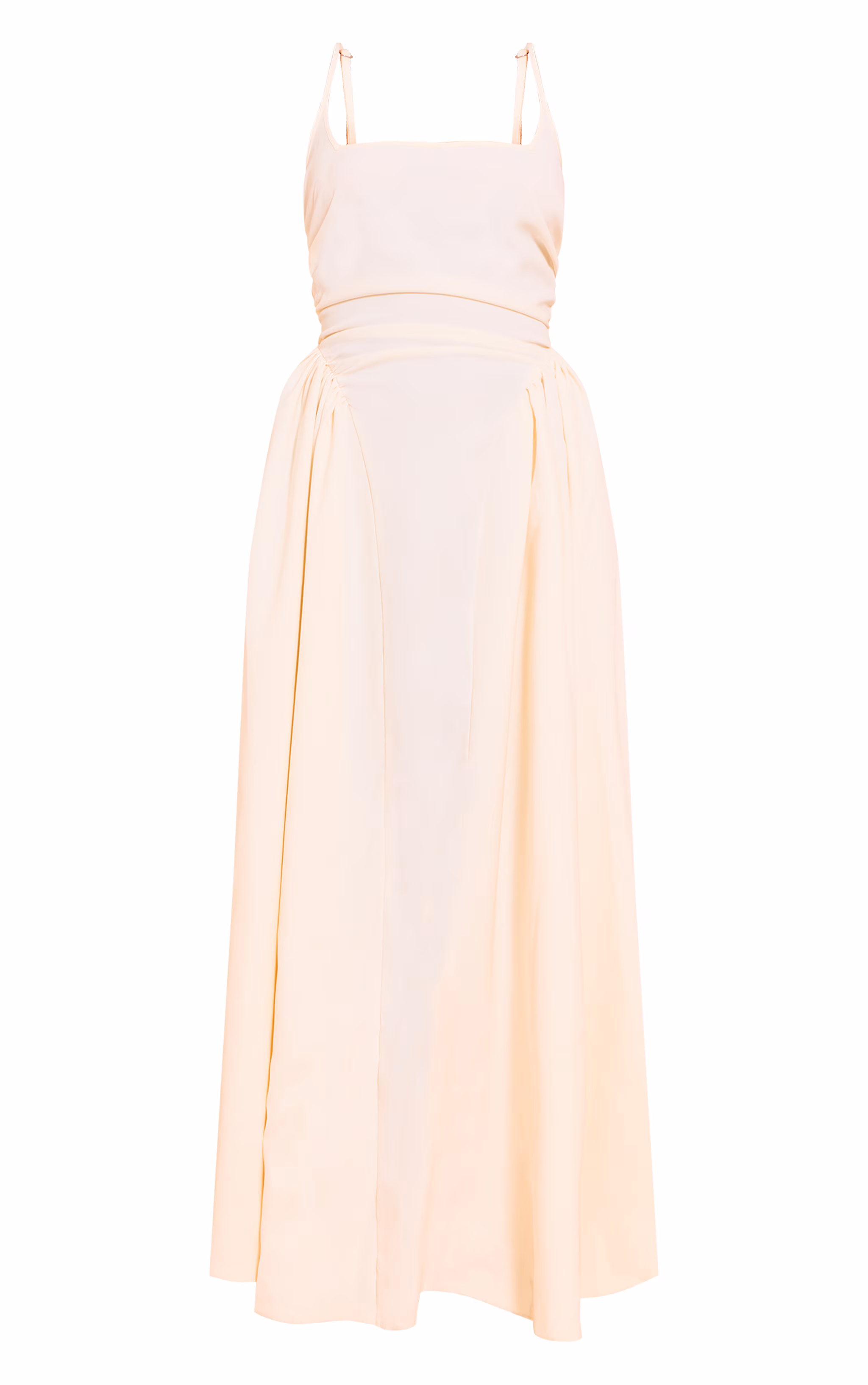 Cream Woven Ruched Strappy Midi Dress
