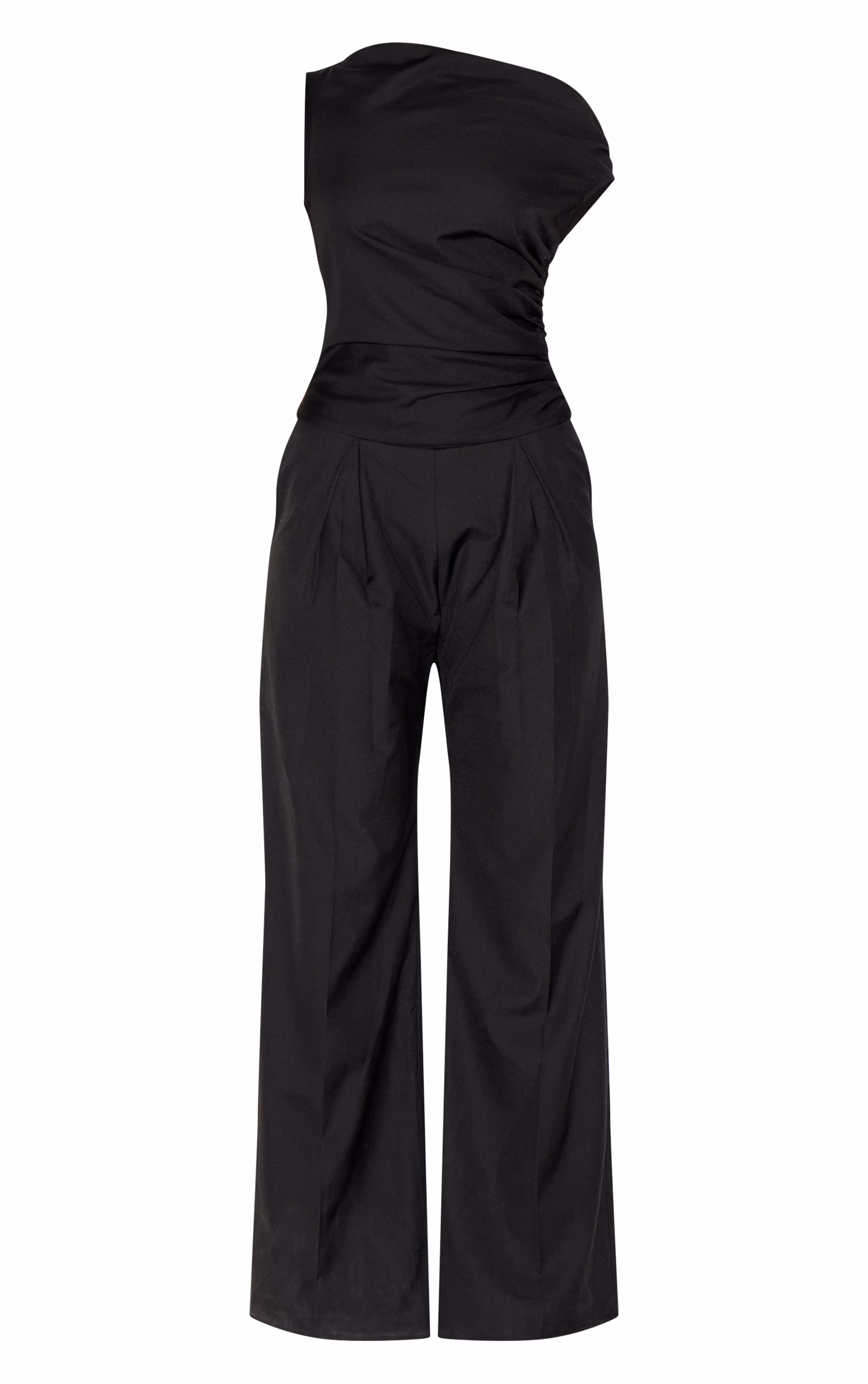 Black Woven Ruched One Sleeve Jumpsuit