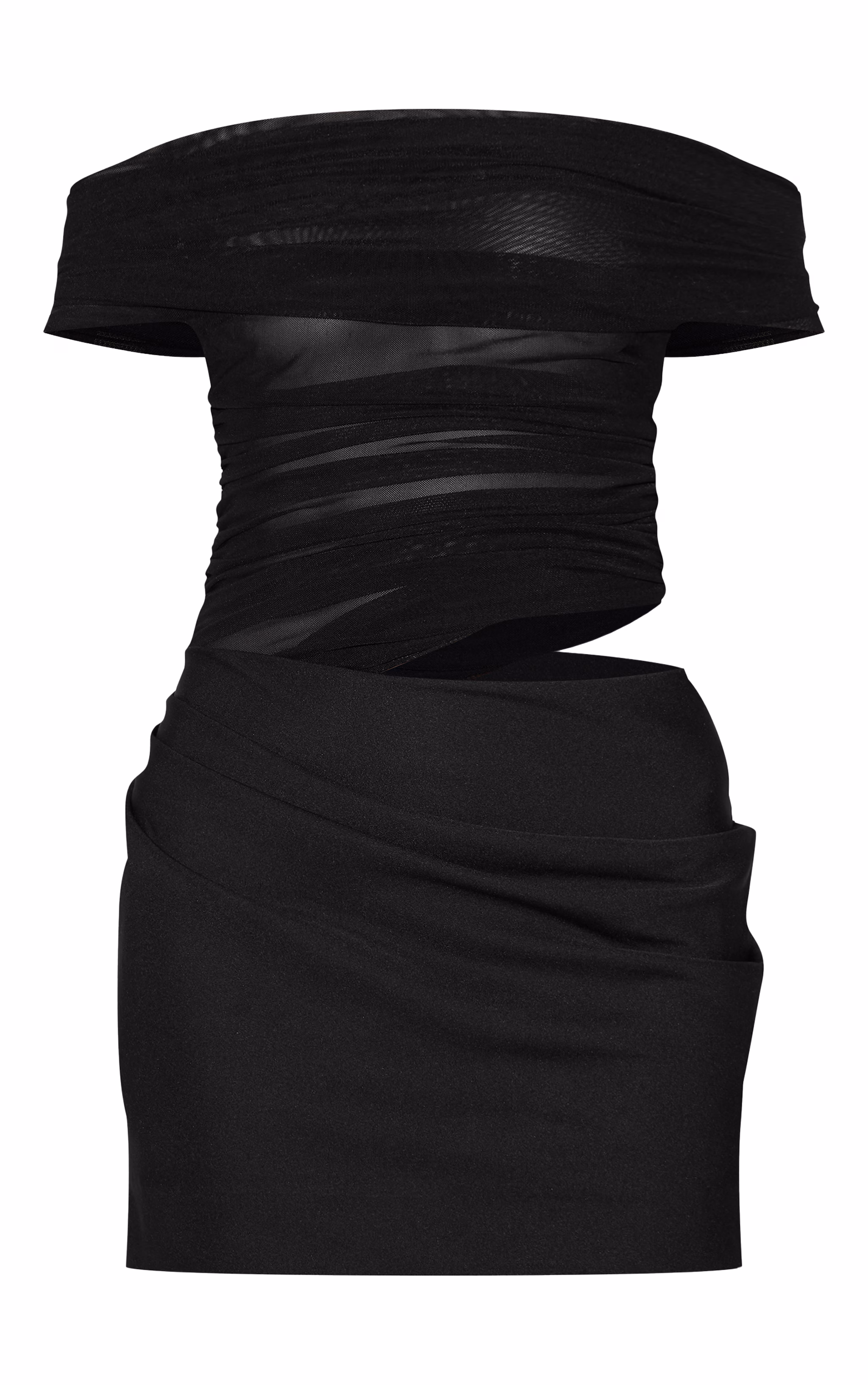 Black Satin Mesh Detail Bardot Mini Dress