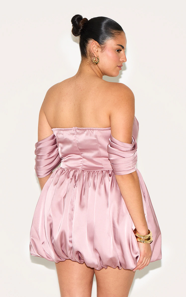 Plus Rose Satin Puffball Bardot Shift Dress