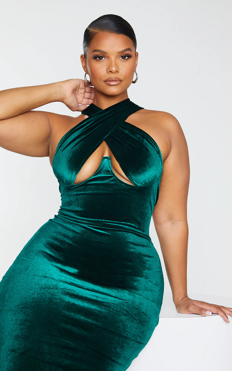 Plus Emerald Green Velvet Underwired Cross Front Midi Dress