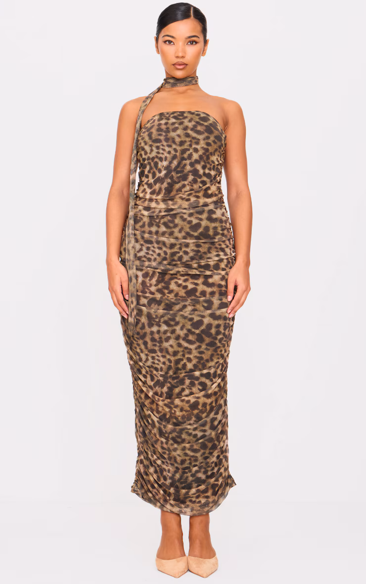Brown Leopard Print Mesh Bandeau Scarf Maxi Dress