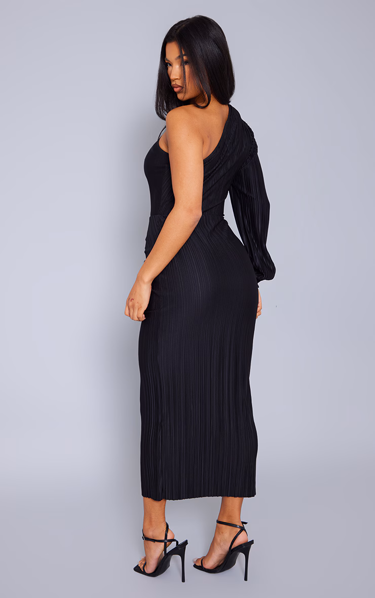Black Plisse One Shoulder Ruched Midaxi Dress