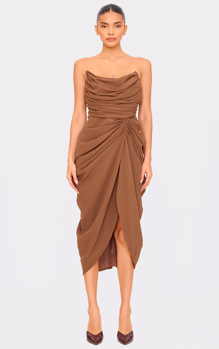 Chocolate Chiffon Corset Bandeau Draped Midi Dress