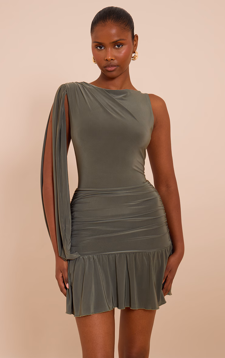 Olive Double Layer Slinky Ruched One Shoulder Mini Dress