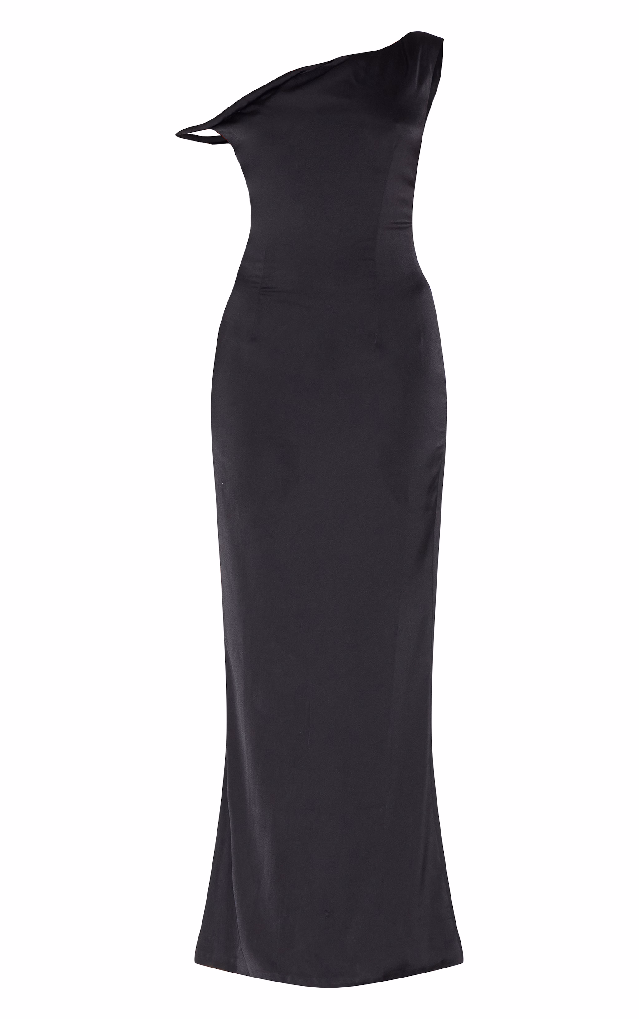 Black Satin Asymmetric Bardot Twist Maxi Dress