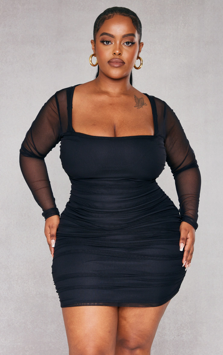 Plus Black Mesh Square Neck Ruched Bodycon Dress